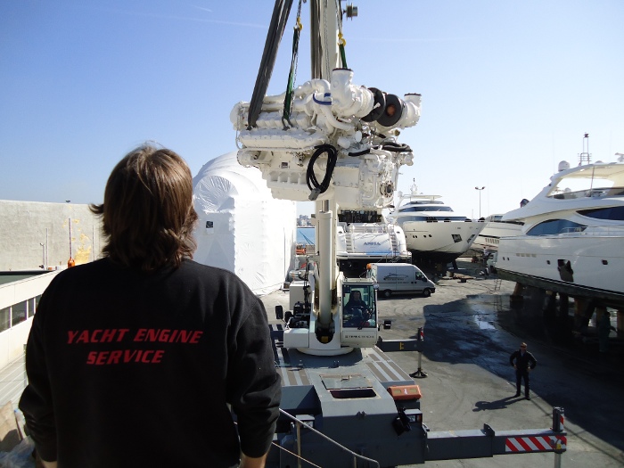 Yacht Engine Service - craning in an engine block